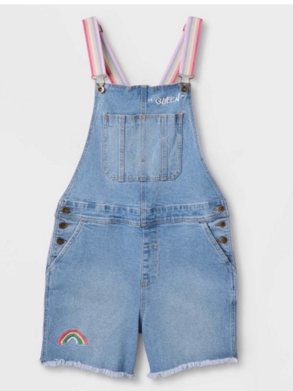 Pride Target Light Blue Denim Short Overalls with Rainbow Patch